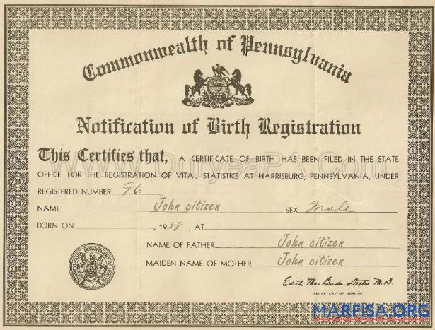 Downloadable United States Commonwealth of Pennsylvania certificate of birth registration download for verification